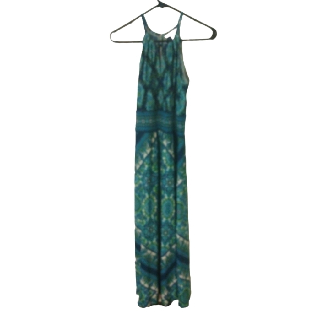 London Times Halter Paisley Geo Design w. Keyhole Front/Back BoHo Maxi Dress 6